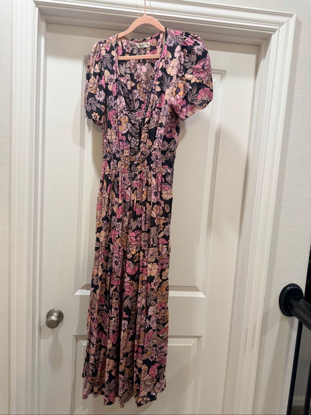 Natural Life Floral Short Sleeve Maxi Dress Boho Button Front Pockets M Black
